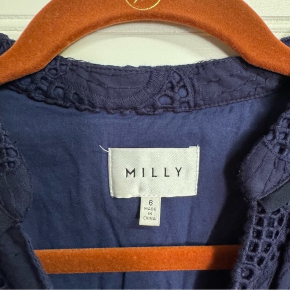 MILLY Margaret Pieres Long-Sleeve Eyelet Flounce Dress Sz 6 - Picture 7 of 12